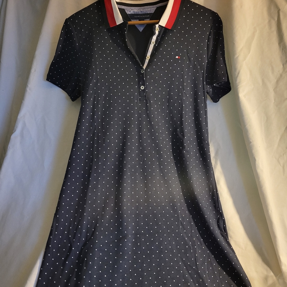 Tommy Hilfiger Dress Polo Polka Dot Short Sleeve Button Front Navy White Medium